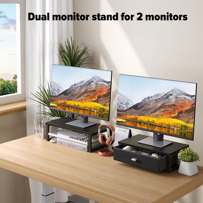 WOHOMO Dual Monitor Stand Riser with Drawers, Wood Desk Organizers for 2 Monitors, Desktop Storage Stand for Computer, Laptop, Black