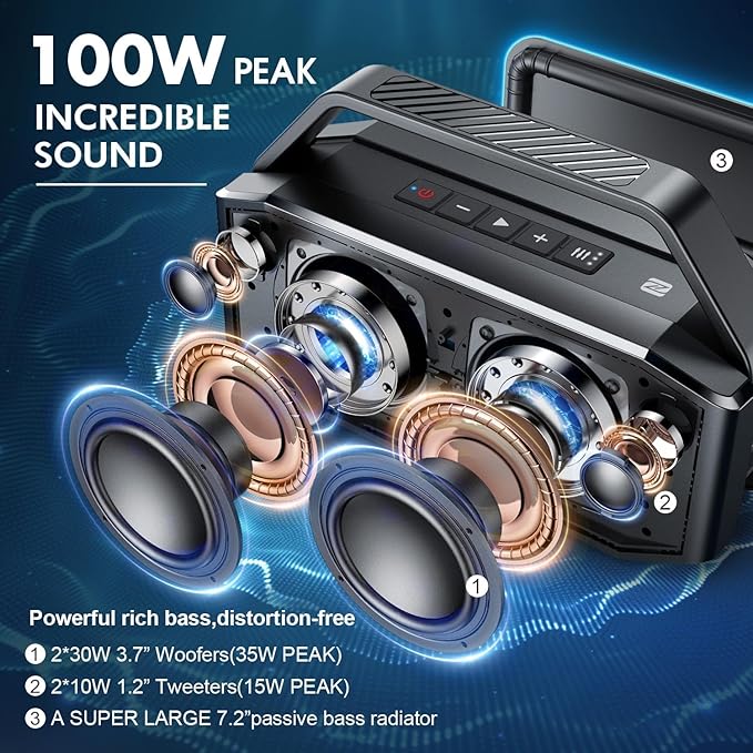 W-KING Portable Loud Bluetooth Speaker, 100W Max Waterproof Outdoor Speakers Bluetooth Wireless, IPX6 Party Big Large Speaker Boombox, 60W Exlarge Deep Bass Passive Radiator/40H/Power Bank/TF/AUX/EQ