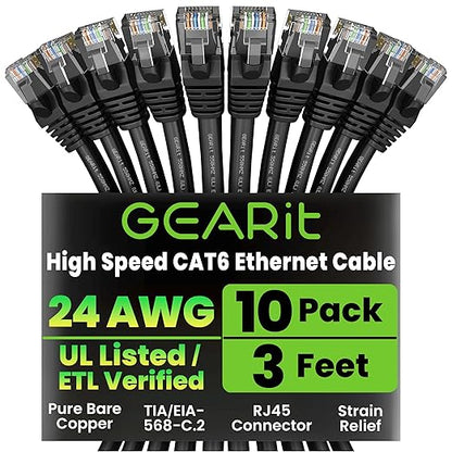 GEARit Cat 6 Ethernet Patch Cable 3 ft Black (10 Pack) Cat6 Patch Cables 3ft Black/Ethernet Patch Cable, 10Gbps 550MHz 24AWG Pure Copper, Snagless, Gold Plated RJ45 for Router, Server, Router, PC