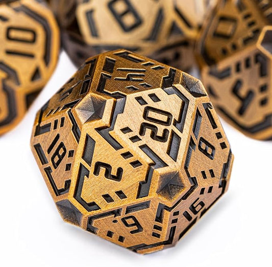 OGCOPHEN Metal DND Sci-fi Dice Set 7PCS Stripe Polyhedral Dice for Dungeons Dragons RPG Role Playing Game, Glitter D and D Dice with Gift Box D6 D8 D10 D12 D20 (Antique Gold)