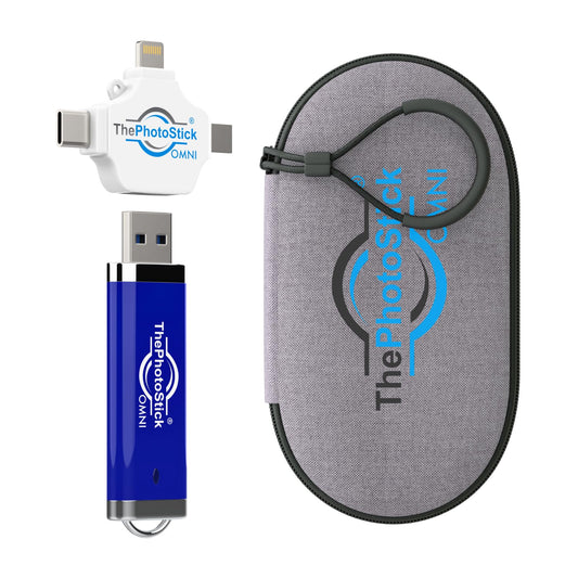 ThePhotoStick® Omni 256GB Photo Backup for iPhone, Android + Portable Case