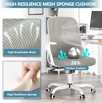 Home Desk Chair with Back Supportive Lumbar Support, Breathable Double Mesh Cushion Home Desk Office Chair with Flip up Arms, Modern Ergonomic Home Office Chair for Work(Gray)