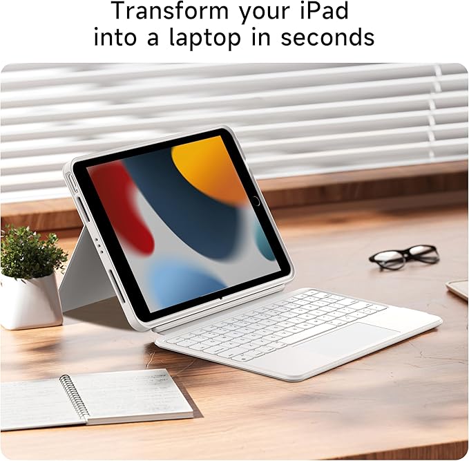 HOU Combo Keyboard Case for iPad 9th Generation (10.2", 2021)/8th Gen/7th Gen/iPad Air 3/Pro 10.5 2017 Multi-Touch Trackpad,7 Color Backlight,Rotatable & Detachable,Portrait/Landscape Modes,White