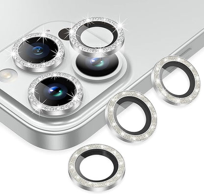 AGVEE 3+3 for iPhone 14 Pro 6.1" / 14 Pro Max 6.7" Camera Lens Protector, Bling Diamond & Bling Glitter Metal Ring 9H Tempered HD Glass Camera Screen Protector Cover Film, Silver