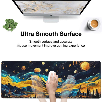 The Starry Night Desk Mat,Large Vincent Van Gogh Oil Painting Gaming Keyboard Mouse Pad,Non-Slip Rubber Base Desk Pad Thick Stitched Edges Waterproof Mousepad Mouse Mat 31.5"x11.8"