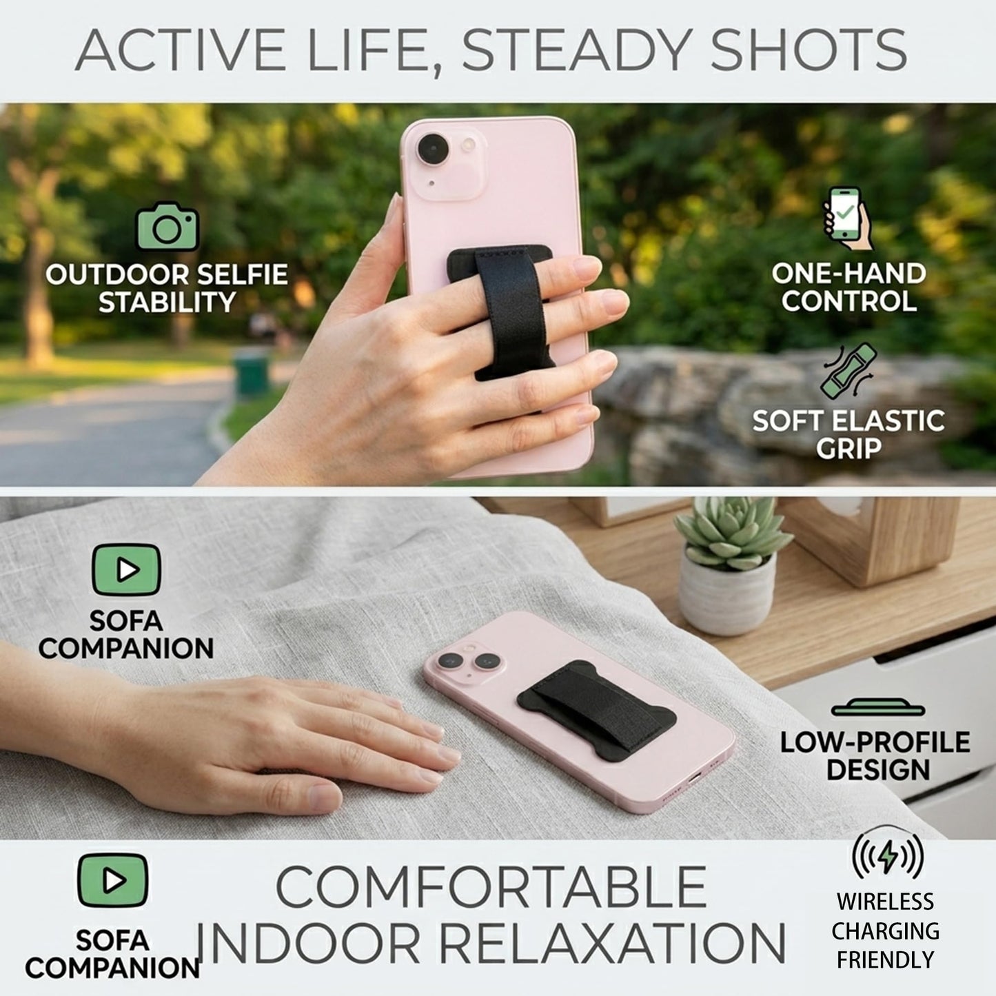 WUOJI Universal Phone Grip for Smartphones - Phone Holder for Hand - Wireless Charging Compatible (Red) - 2Pack