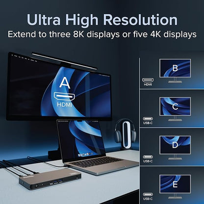 Plugable USB C Docking Station 5 Monitors, 140W DisplayLink Dock Connects up to Five 4K Displays for MacBook Windows Thunderbolt 4 Laptops, 2x HDMI, 3x USBC 2.5Gbps Ethernet, Driver Required UD-7400PD
