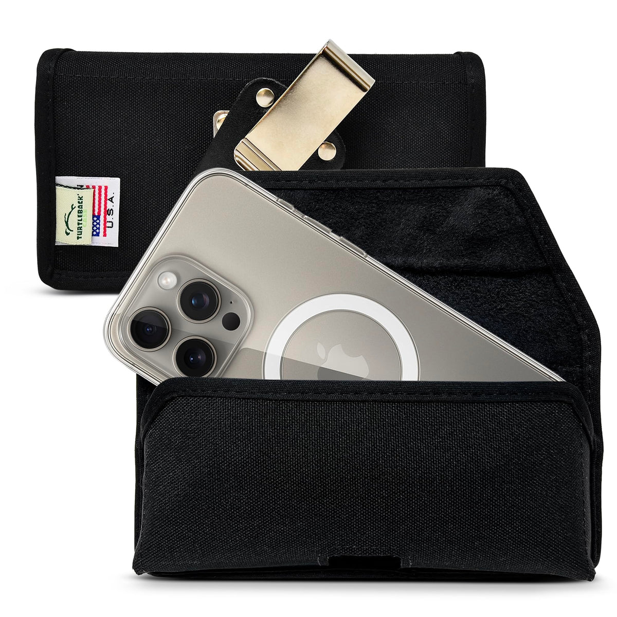 Turtleback Belt Holder for iPhone 16 Pro, 16e, 15 pro 14 Pro 13 Pro -Small- Fits w/Slim MagSafe Style Cases, Premium Black Leather Horiz. Belt Holster, Magnetic Closure, Leather Wrapped Belt Clip