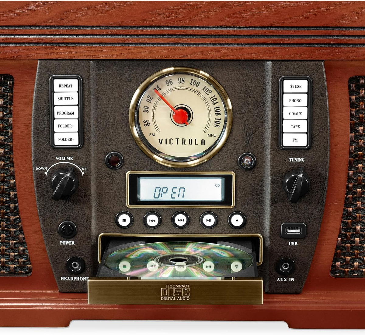Victrola Aviator 8-in-1 Bluetooth Record Player & Multimedia Center with Built-in Stereo Speakers - 3-Speed Turntable, Vinyl to MP3 Recording, Wireless Music Streaming, Mahogany