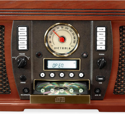 Victrola Aviator 8-in-1 Bluetooth Record Player & Multimedia Center with Built-in Stereo Speakers - 3-Speed Turntable, Vinyl to MP3 Recording, Wireless Music Streaming, Mahogany