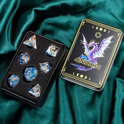 ARUOHHA Blue DND Resin Dice Set 7PCS Translucent Handmade RPG Polyhedral Sharp Edge Dice Set with Gift Box, Glitter Inclusions D and D Dice D20 D12 D10 D8 D6 D4