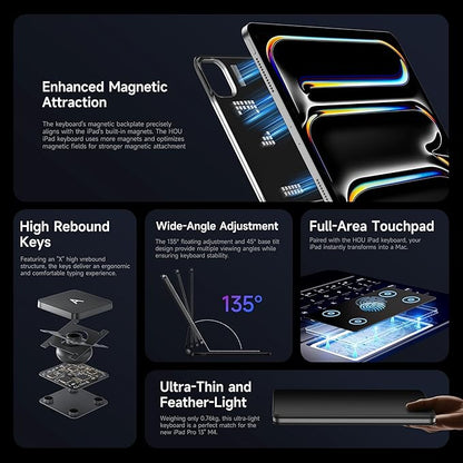 HOU for iPad Pro 13 inch Case 2024 with Keyboard (M4), iPad Pro 13 inch Keyboard with Multi-Touch Trackpad, 7 Colors Backlight, Easy-Set Magnetic Stand Bluetooth-Black