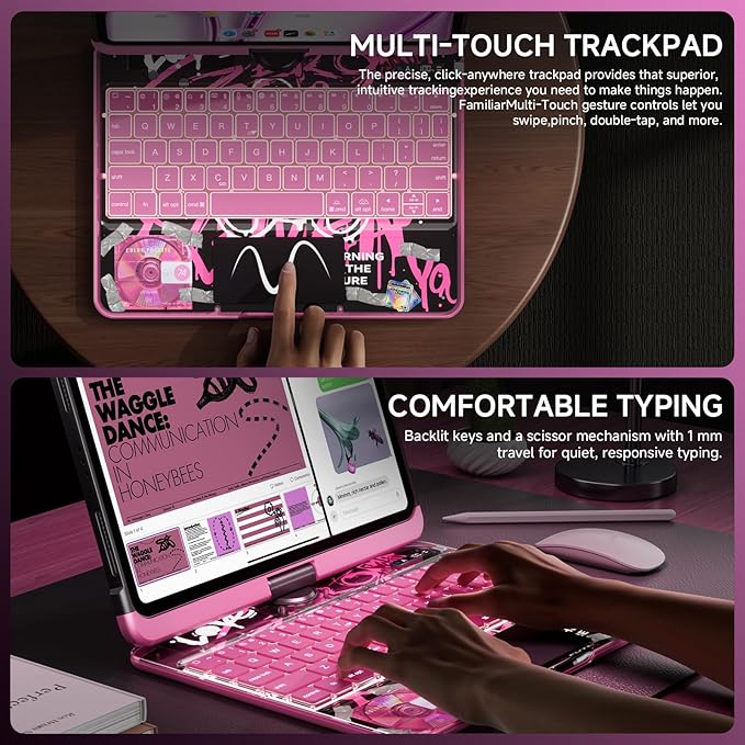 Transparent Case with Keyboard for iPad 9th (7th, 8th, and 9th Gen) 10.2 Inch,with 7-Color Backlit Wireless Keyboard,360°Rotatable Protective Case Multi-Touch Trackpad,with Pencil Holder,Pink