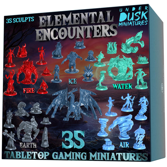D&D Miniatures Elemental Set, 35 Unpainted 28mm Figures & Treasure Chests