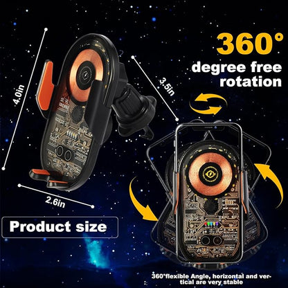 Car Phone Holder, Wireless Car Charger Air Vent Auto-Clamp Cell Phone Car Mount with Metal Hook Clip, 360° Rotation - One Button Release for iPhone, Samsung, Google, and All Other Smartphones