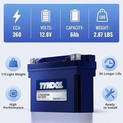 TYKOOL YT12B-BS, 3X Cranking Amps,Lithium LiFePO4 Motorcycle Battery, 12V 6Ah, 360CCA,Powersports Battery, Compatible for Ducati,Kawasaki 1000cc,Triumph 865cc,Yamaha 600cc,1000cc,Piaggio Vespa Scooter