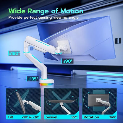 Ultrawide Monitor arm for 17-49'' Heavy Duty Screen up to 44lbs, Gas Spring Single Monitor Arm with RGB Light, Adjustable Gaming Computer Monitor Arm for Desk, White