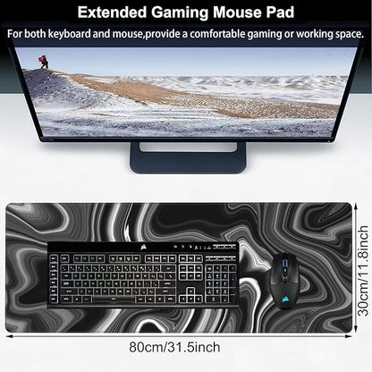 Black and White Marble Desk Mat,Large Marble Ink Texture Gaming Keyboard Mouse Pad,Non-Slip Rubber Base Desk Pad Thick Stitched Edges Waterproof Mousepad Mouse Mat 31.5"x11.8"