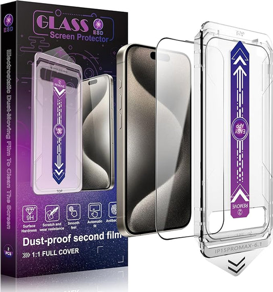 SHANG PIN JIA 2 Pack Screen Protector Tempered Glass for iPhone 15 Pro Max 6.7-Inch Auto Dust Removal, No Bubbles, High Definition Clear, Easy Installation