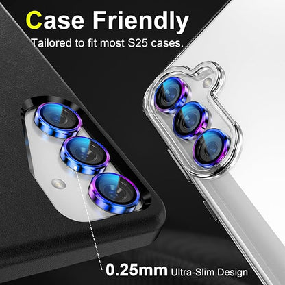 YWXTW Camera Lens Protector for Samsung Galaxy S25 Accessories [1:1 Fit & Ultra Clarity] 9H Tempered Glass Metal Individual Ring Camera Cover Screen Protector for S25, Case Friendly (Multi-Coloured)