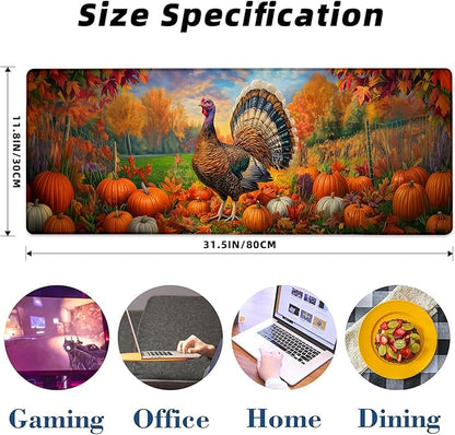 Autumn Turkey Gaming Mouse Pad, Pumpkin and Fall Leaf Mousepads for Gaming Home Office Work, Extended Mats Computer Keyboard Laptop, 31.5×11.8 Inch Large Desk Mat with Non-Slip Rubber Base