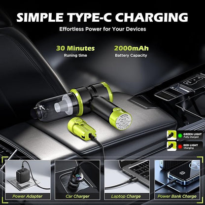 Handheld Car Vacuum with 15000PA Power, 4 in 1 Small Powerful Cordless Vacuum Cleaner & Air Duster with 2000mAh Battery, Rechargeable Portable Mini Hand Held Vacuum for Car,Home,Office,Pet Hair（Green）