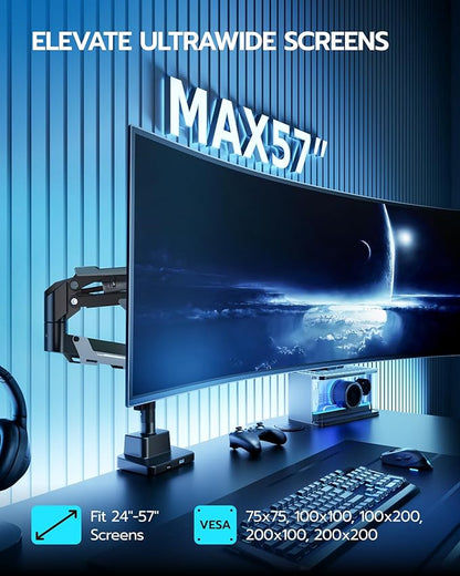 ARES WING Single Monitor Mount with USB, Ultrawide Monitor Arm for 24 to 57 Inch Heavy Duty Curved Screen, Adjustable Gas Spring Monitors Arm Stand up to 66LBS with 75/100/200 Vesa Mount, Black
