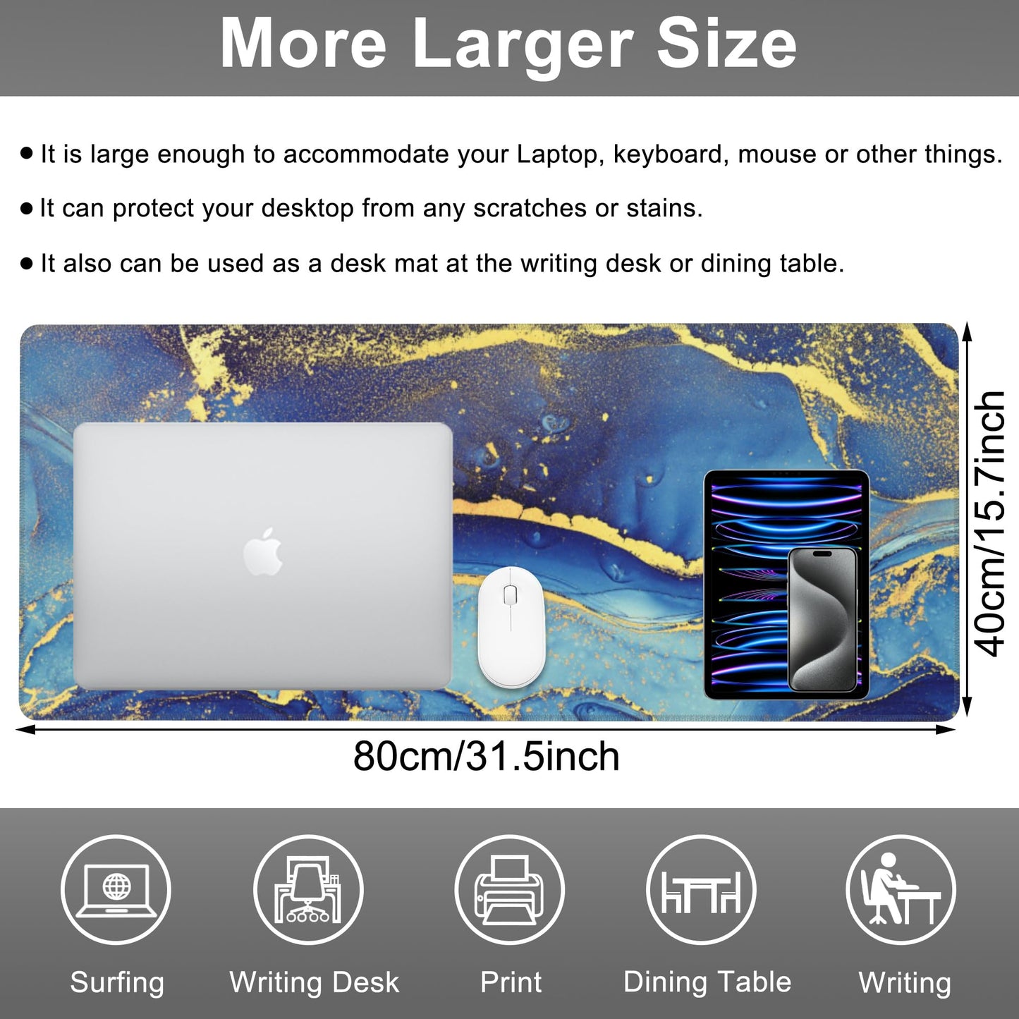 Mouse Pad, Large Alcohol Ink Art Desk Mat, Extended Non-Slip Gaming Keyboard Mousepad Desk Pad, Thick Stitched Edges Waterproof Mouse Mat 31.5"x15.7" (Abstract Fluid Art Painting)