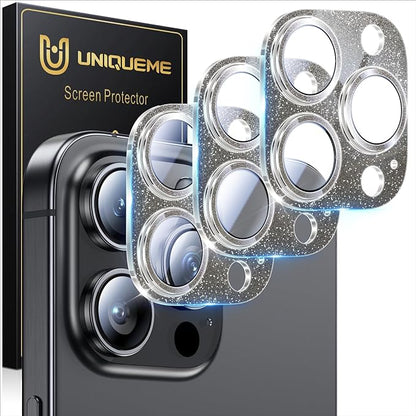 UniqueMe for 3 Pack iPhone 16 Pro/iPhone 16 Pro Max Camera Lens Protector - [Drop Protection] [Case Friendly] 9H Tempered Glass Camera Cover Screen [Update New Version] - Glitter Black