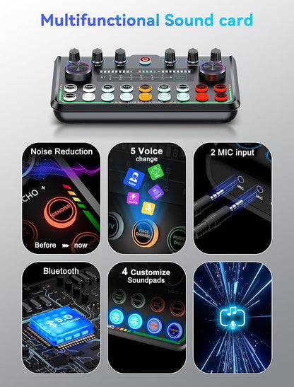 SINWE Podcast Equipment Bundle,Audio Interface with Studio Condenser Microphone for Smartphone & PC,Plug-and-Play Live Sound Card,Perfect for Streaming, Singing, YouTube & Gaming