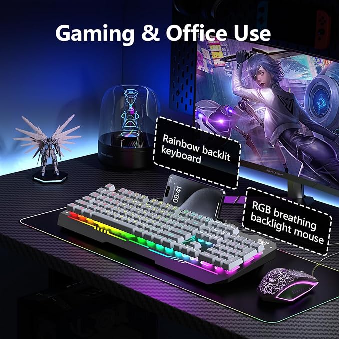 AULA T102 104 Keys Gaming Keyboard and Mouse Combo with RGB Backlit, All-Metal Panel Waterproof Light Up Quiet Computer Keyboard, USB Wired for MAC Xbox PC Gamers