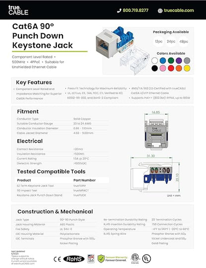 trueCABLE Cat6A Keystone Jack, Unshielded (UTP), 90 Degree Punch-Down, PoE++ (4PPoE), UL Listed, ETL Verified, ANSI/TIA Certified, Modular RJ45 Female, Green, 12 Pack