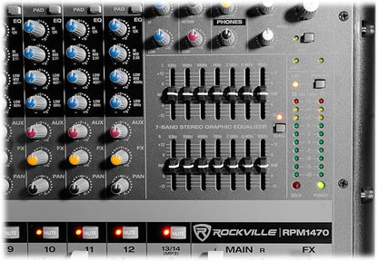 Rockville RPM1470 6000W Peak 14-Channel Powered Mixer, 750W RMS x 2 at 4 Ohm, USB/Bluetooth, 24-Bit Effects, 14 XDR2 Mic Preamps, for Live Events/Church Bands