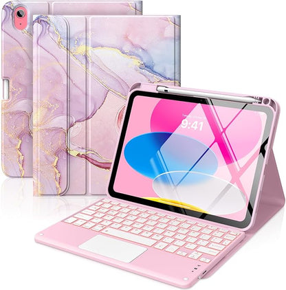 MoKo Touch Keyboard Case for iPad (A16) 11th Generation 11 inch 2025, iPad 10th Generation 10.9 inch Case with Pencil Holder, 7 Colors Backlit Multi-TrackPad Detachable Bluetooth Keyboard, Pink Marble