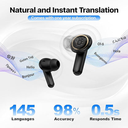Active Noise Cancelling Wireless Earbuds with Real Time Translation, in Ear Bluetooth 5.4 Headphones Stereo Bass Ear Buds Translator via APP (Black)