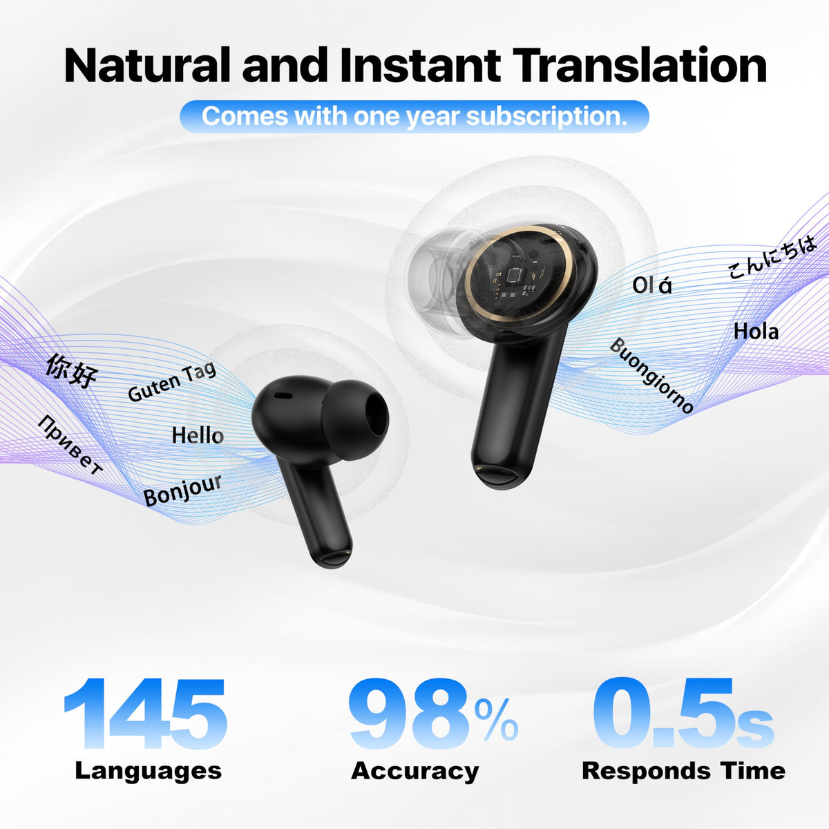 Merryking Active Noise Cancelling Wireless Earbuds with Real Time Translation, in Ear Bluetooth 5.4 Headphones Stereo Bass Ear Buds Translator via APP (Black)