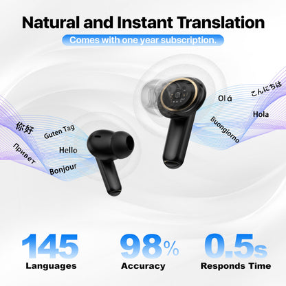 Merryking Active Noise Cancelling Wireless Earbuds with Real Time Translation, in Ear Bluetooth 5.4 Headphones Stereo Bass Ear Buds Translator via APP (Black)