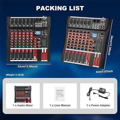 6 Channel Audio Mixer, Professional Music Mixer Board DJ Mixing Console with Bluetooth, USB/MP3 Player, Reverb, and 48V Phantom Power for Studio Recording, Karaoke, and Live Performances