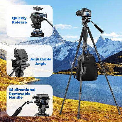 Camera Tripod, 75” Heavy Duty Tripod for Camera with Phone Holder and Travel Bag, Compatible with Video Camera, DSLR, Spotting Scopes, Camcorder, GoPro, Cell Phone, Max Load 16LB (Black)