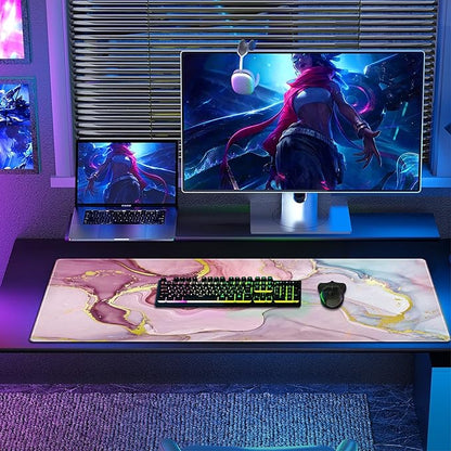Galdas Gaming Mouse Pad Cool Flash Pattern XXL XL Large Mouse Pad Long Extended Mousepad Desk Pad Non-Slip Rubber Mice Pads Stitched Edges Thin Pad (31.5x11.8x0.12 Inch) (Pink Marble Pattern)