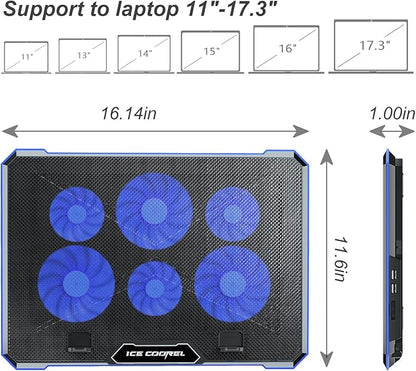 ICE COOREL Laptop Cooling Pad with 6 Cooling Fan, Laptop Cooler Fan with No Lights, Cooling pad for Laptop 15-17 Inches, Notebook Cooler Stand with 9 Height Adjustable, Cooler Pad for Lap or Desk Use