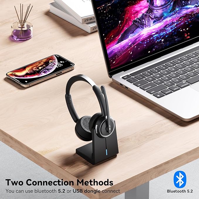 Wireless Headset with Mic for Work, Bluetooth Headset with Mic (AI Noise Canceling & Mic Mute), Wireless Headphones with USB Dongle & Charging Base for Work/Home/Call Center/PC/Computer/Zoom/Teams