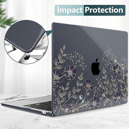 TWOLSKOO Compatible with M4 MacBook Air 13.6 inch Case 2025-2022 Release M4 A3240 M3 A3113 M2 A2681, Plastic Hard Shell & Keyboard Cover & Type C Adapter & Screen Protector, Golden Flowers