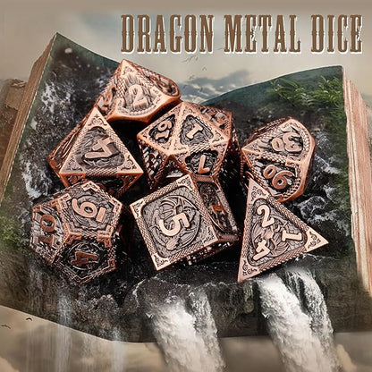 PJOY Metal DND Dice Set D&D Dragon Dice Copper with Metal Case D and D Dice for Dungeons and Dragons TTRPG Gifts