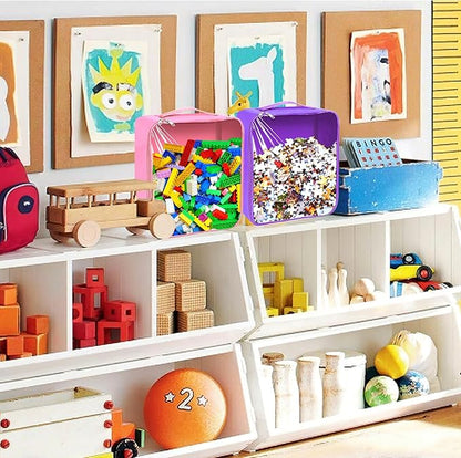 8 Packs Toy Storage Bags with Zipper, Clear PVC Organizing Bags, Reusable Toy Storage Organizer with Portable Handle, Travel Waterproof Organizer Bags for Building Blocks, Puzzle, Toys and Books