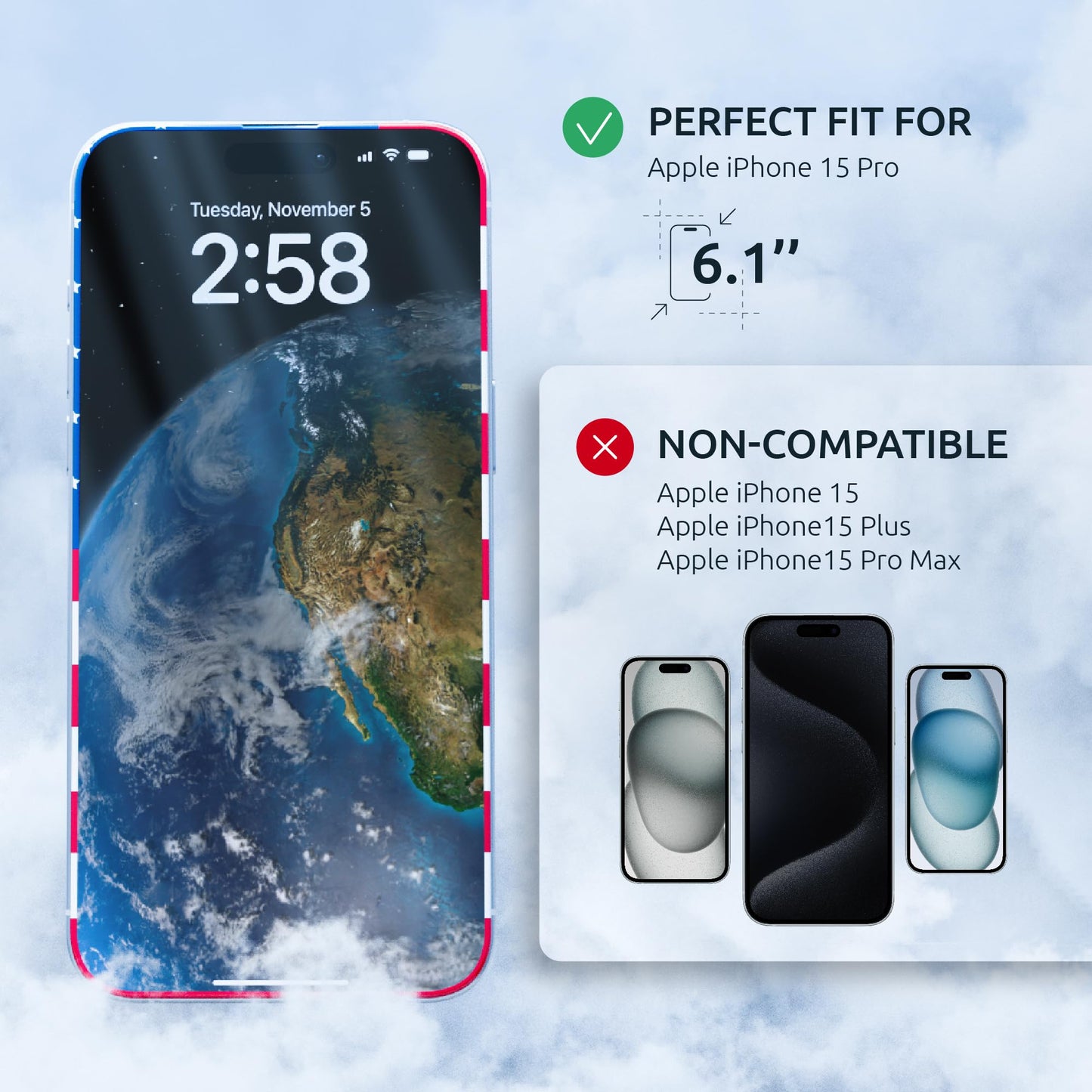 Intaleo 15 Pro Screen Protector for iPhone – (2-Pack) USA Flag & Black Frame Design - Tempered Glass Screen Protector for iPhone 15 Pro 9H Hardness Full Coverage - Oleophobic Coating with Easy Installation