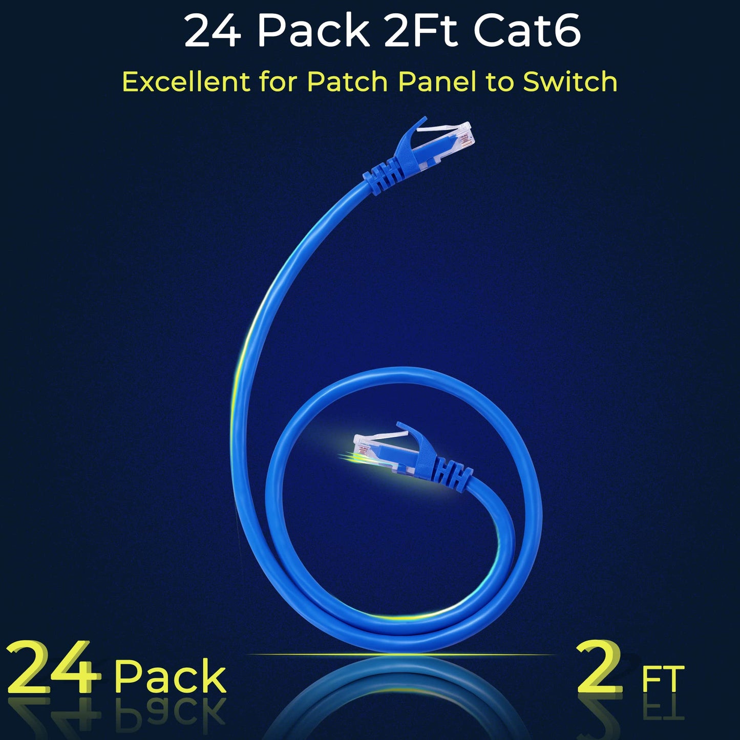 Rapink Patch Cables Cat6 2ft (24 Pack), Ethernet Patch Cable 10G, Cat 6 Patch Cable for Patch Panel to Switch, Flexiable Cat 6 Ethernet Cable with Gold Plated Blue