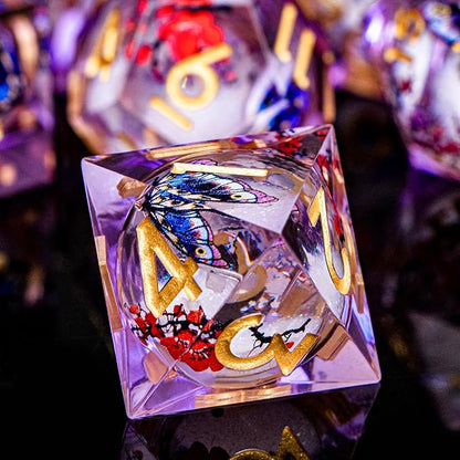 Butterfly DND Dice Purple Liquid Core Dice Set with Metal Box, Handmade Sharp Edge D and D Polyhedral Dice for use with D&D Role Playing Game, D20 D12 D10 D8 D6