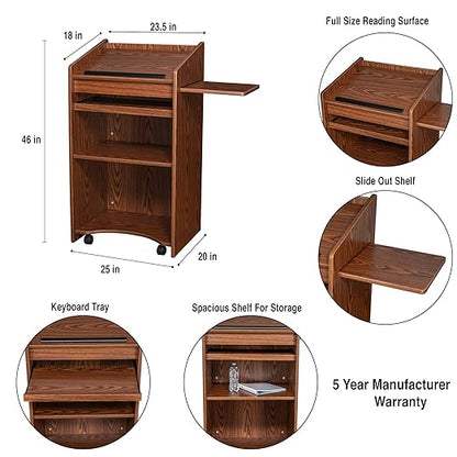 OEF Furnishings Mobile Floor Lectern with Side Shelf And Keyboard Tray, Medium Oak