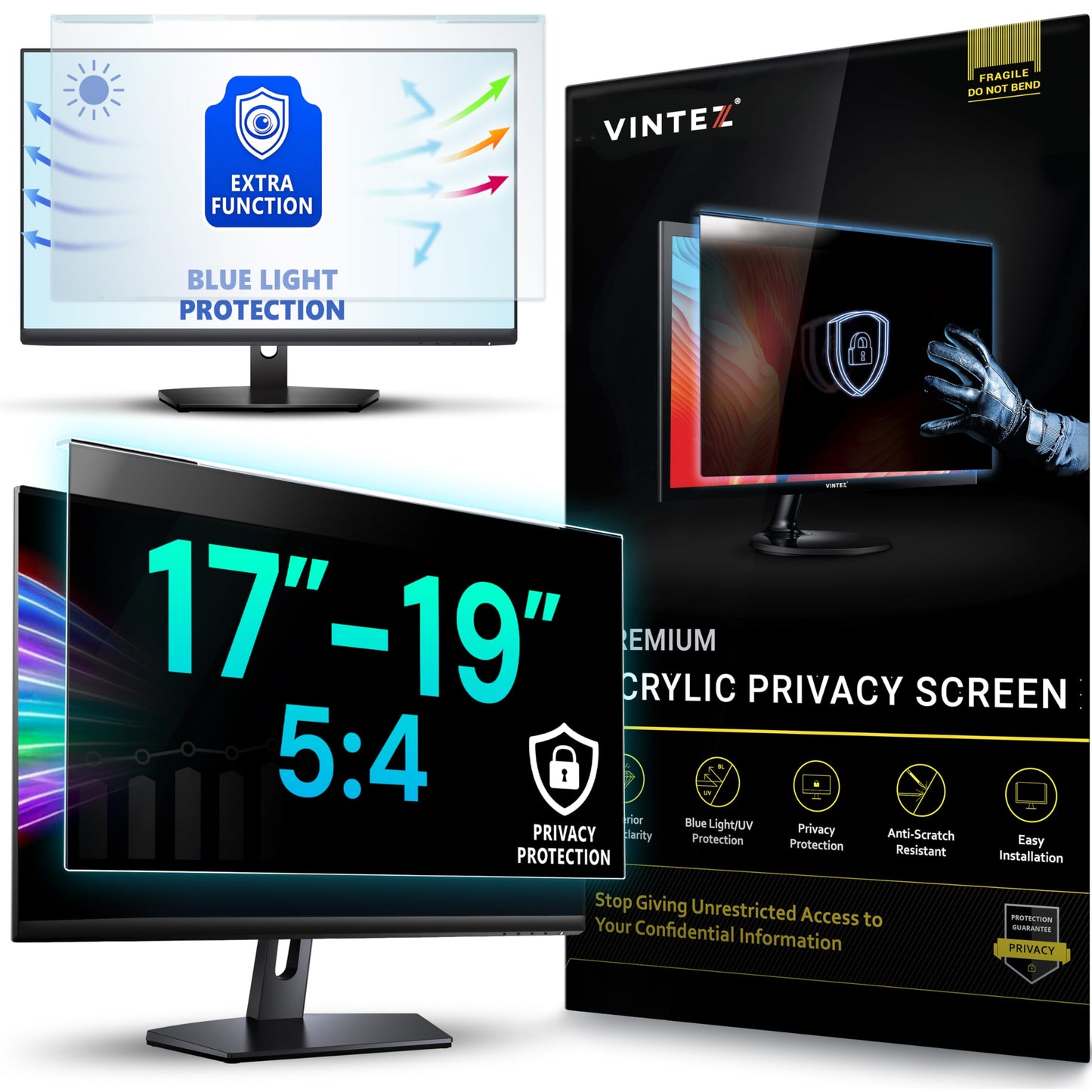 Universal Acrylic 17, 17.1, 18.1, 19 Inch Computer Privacy Screen Filter for Square Computer Monitors - 5:4 Aspect Ratio - 15.3" x 12.6" (390 x 320mm) - Monitor Frame Hanging Type